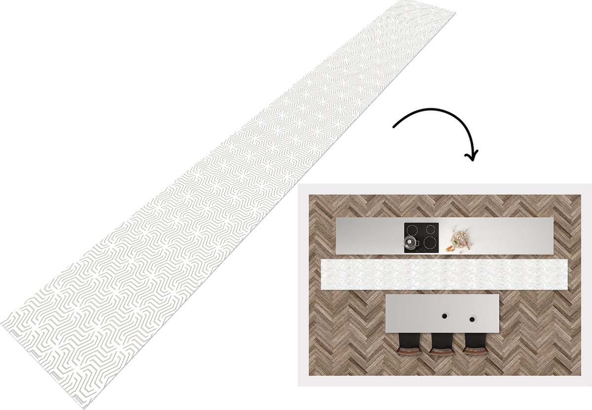 KitchenYeah Keukenloper - Keukenmat - Design - Lijn - Patroon - Zwart - Wit - 480x60 cm - Keuken vloerkleed Multicolor