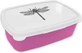 Broodtrommel Roze - Lunchbox - Brooddoos - Libelle - Insecten - Retro - Zwart wit - 18x12x6 cm - Kinderen - Meisje