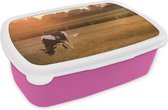 Broodtrommel Roze - Lunchbox - Brooddoos - Koe - Zon - Dieren - 18x12x6 cm - Kinderen - Meisje