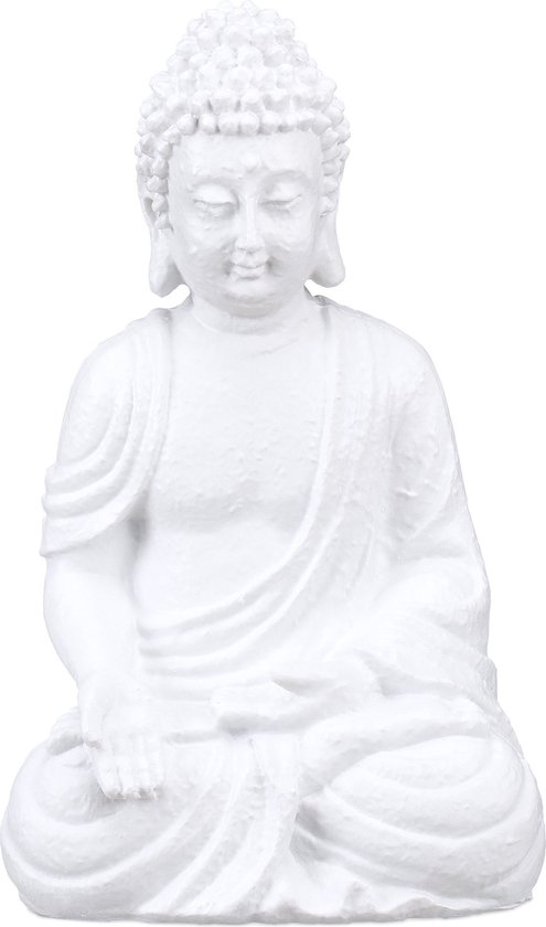 Statue Bouddha Relaxdays - statue de jardin - assis - 30 cm - décoration zen - polyrésine - blanc