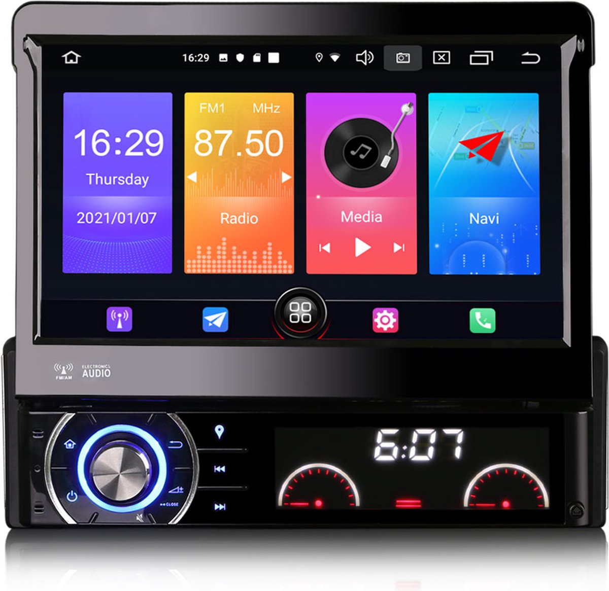 1din autoradio met klapscherm navigatie, DVD-speler, AUX, USB en  Bluetooth-interface voor