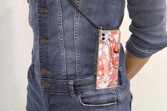 Coque avec cordon iPhone 11 - Imprimé marbré - Oranje - Zwart - Siliconen - Bandoulière - Coque arrière avec cordon - Coque pour téléphone avec cordon - Coque avec corde