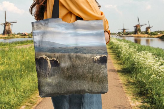 Sac bandoulière - Sac de plage - Shopper Highlanders écossais - Brume - Herbe - 45x45 cm - Sac coton