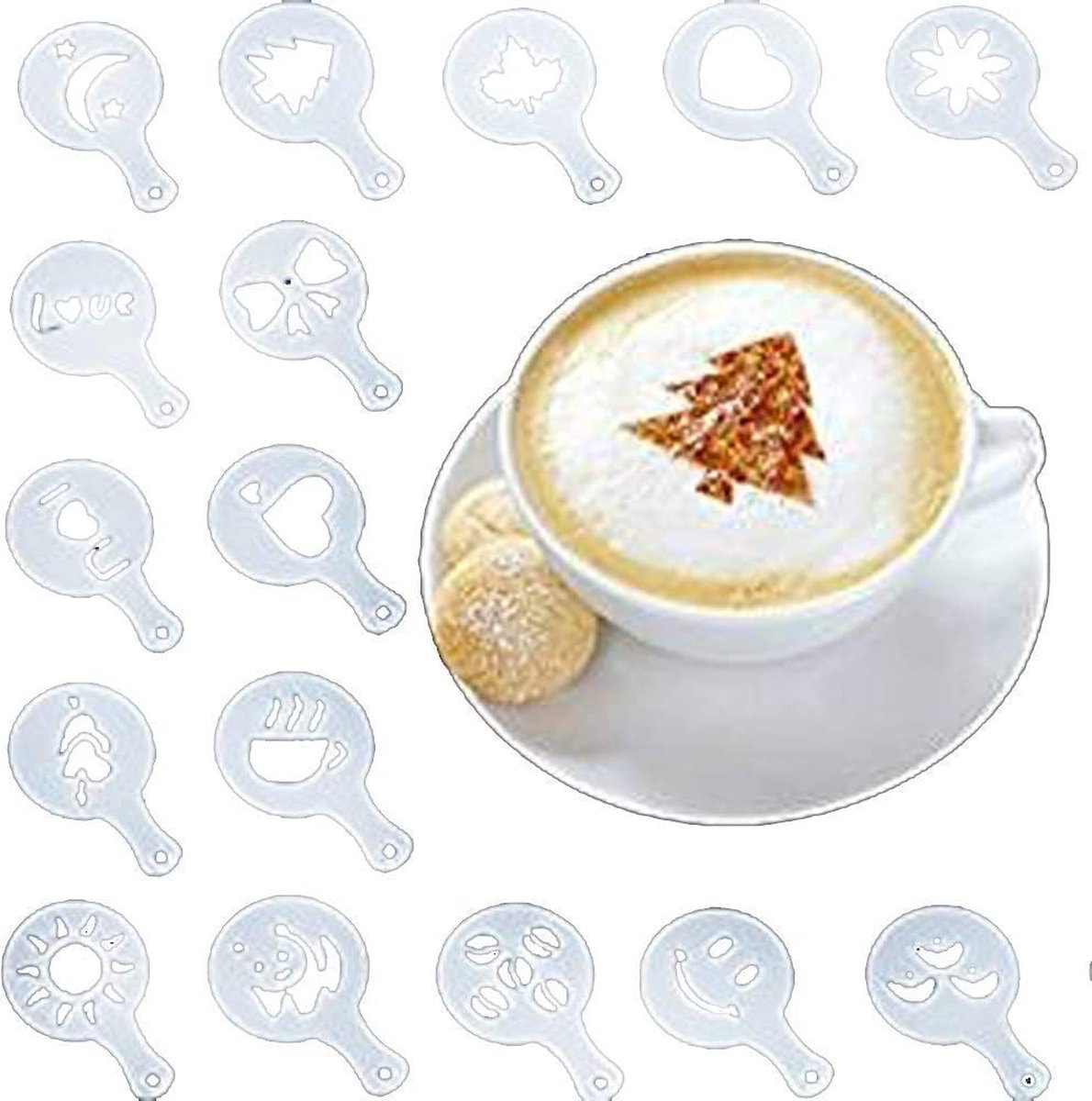 Cappuccino Sjabloon | Koffie Barista Stencils | Strooipad Duster Spray | Herbruikbaar Barista Tool Set | Cacao Sjablonen | 16 stuks Koffie Decoratie Mal