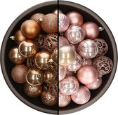 Bellatio Decorations Kerstballen mix - 74-delig - camel bruin en lichtroze - 6 cm - kunststof