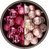 Bellatio Decorations Kerstballen mix - 74-delig - fuchsia en lichtroze - 6 cm - kunststof