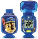 Een blauwe Paw Patrol leerhorloge met opengeklapt scherm. Chase en de tijd 12:00 PM zijn zichtbaar.