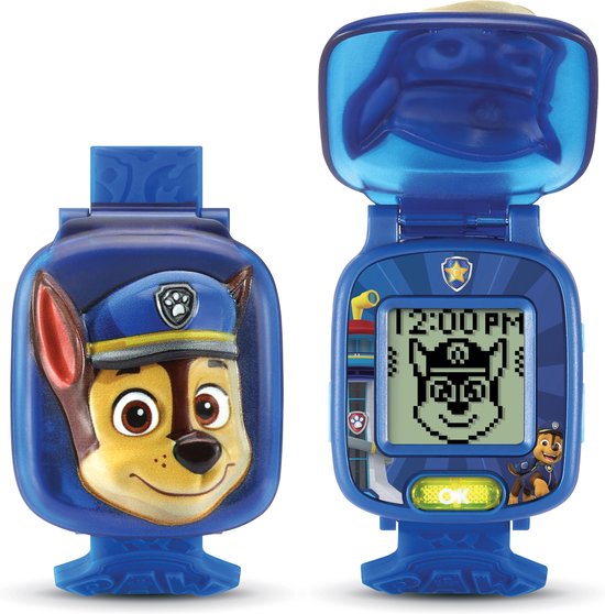 Een blauwe Paw Patrol leerhorloge met opengeklapt scherm. Chase en de tijd 12:00 PM zijn zichtbaar.