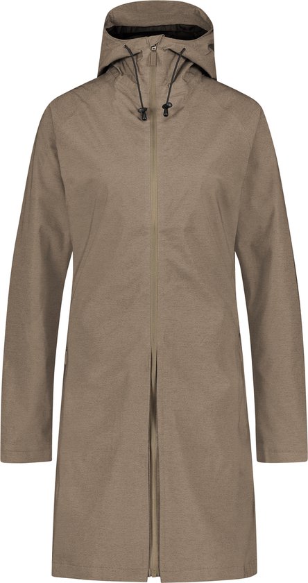 Long manteau beige à capuche, fermeture éclair fermée, vue de face.