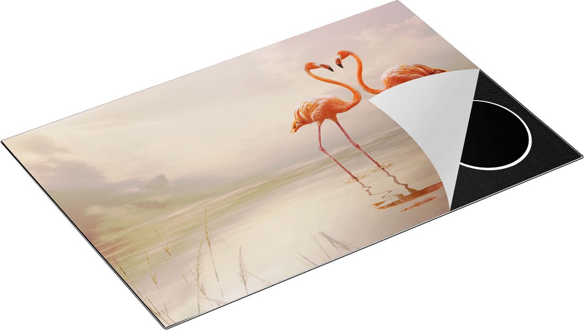 Chefcare Inductie Beschermer Twee Flamingo's in een Hartjes Vorm - 80,2x52,2 cm - Afdekplaat Inductie - Kookplaat Beschermer - Inductie Mat