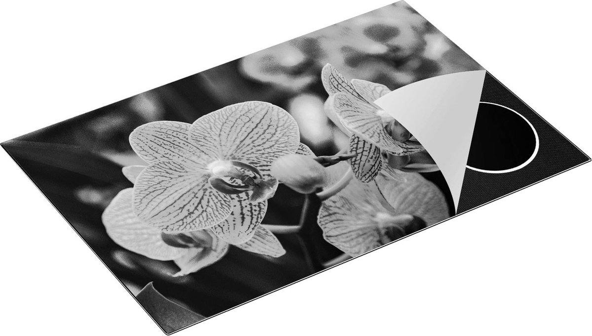 Chefcare Inductie Beschermer Geel Rode Orchidee Bloemen - Zwart Wit - 80x50 cm - Afdekplaat Inductie - Kookplaat Beschermer - Inductie Mat