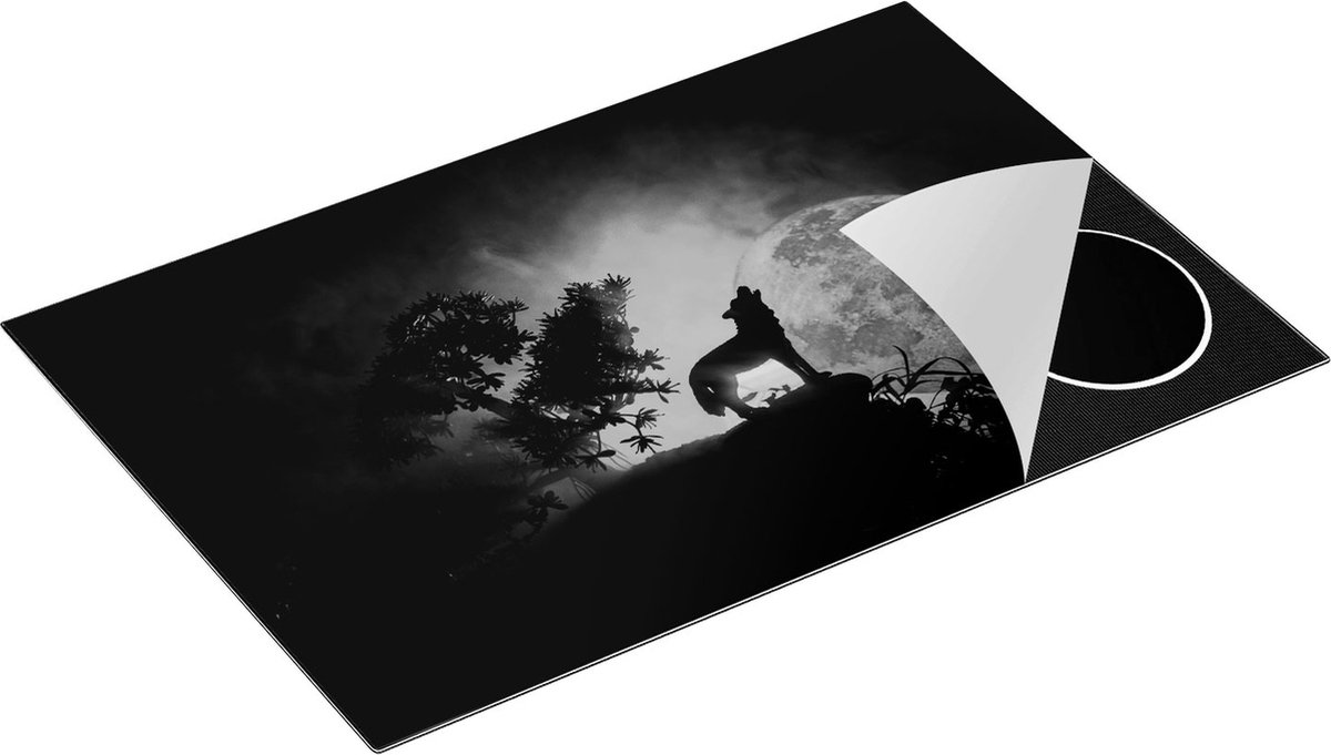Chefcare Inductie Beschermer Huilende Wolf in Silhouet bij Volle Maan - Zwart Wit - 83x51,5 cm - Afdekplaat Inductie - Kookplaat Beschermer - Inductie Mat