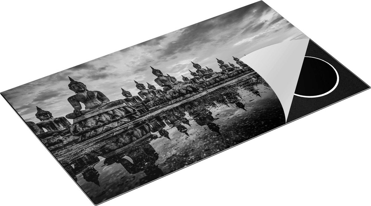 Chefcare Inductie Beschermer Boeddha Beelden tijdens Zonsondergang - Zwart Wit - 89,6x51,6 cm - Afdekplaat Inductie - Kookplaat Beschermer - Inductie Mat