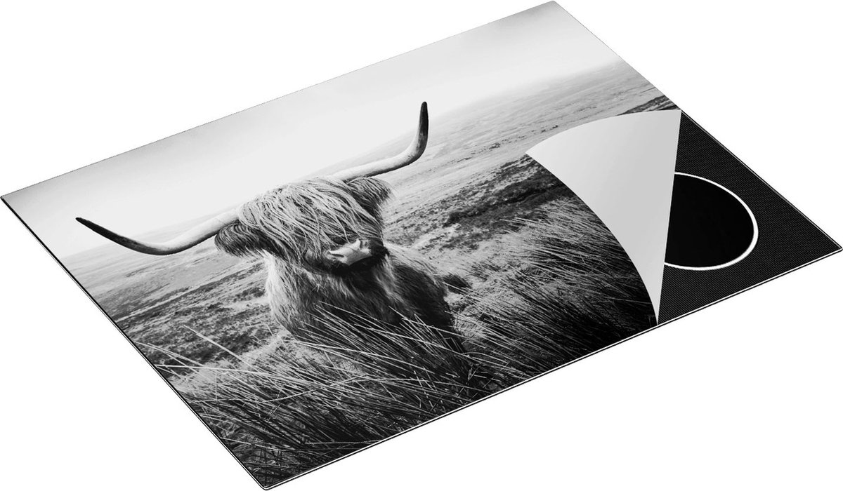 Chefcare Inductie Beschermer Schotse Hooglander Koe in het Veld - Zwart Wit - 70x50 cm - Afdekplaat Inductie - Kookplaat Beschermer - Inductie Mat