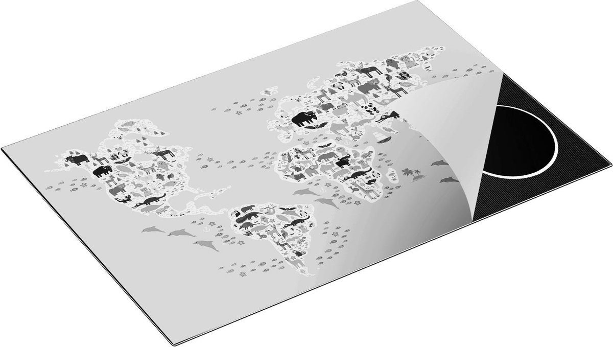 Chefcare Inductie Beschermer Wereldkaart met Dieren - Zwart Wit - 80,2x52,2 cm - Afdekplaat Inductie - Kookplaat Beschermer - Inductie Mat