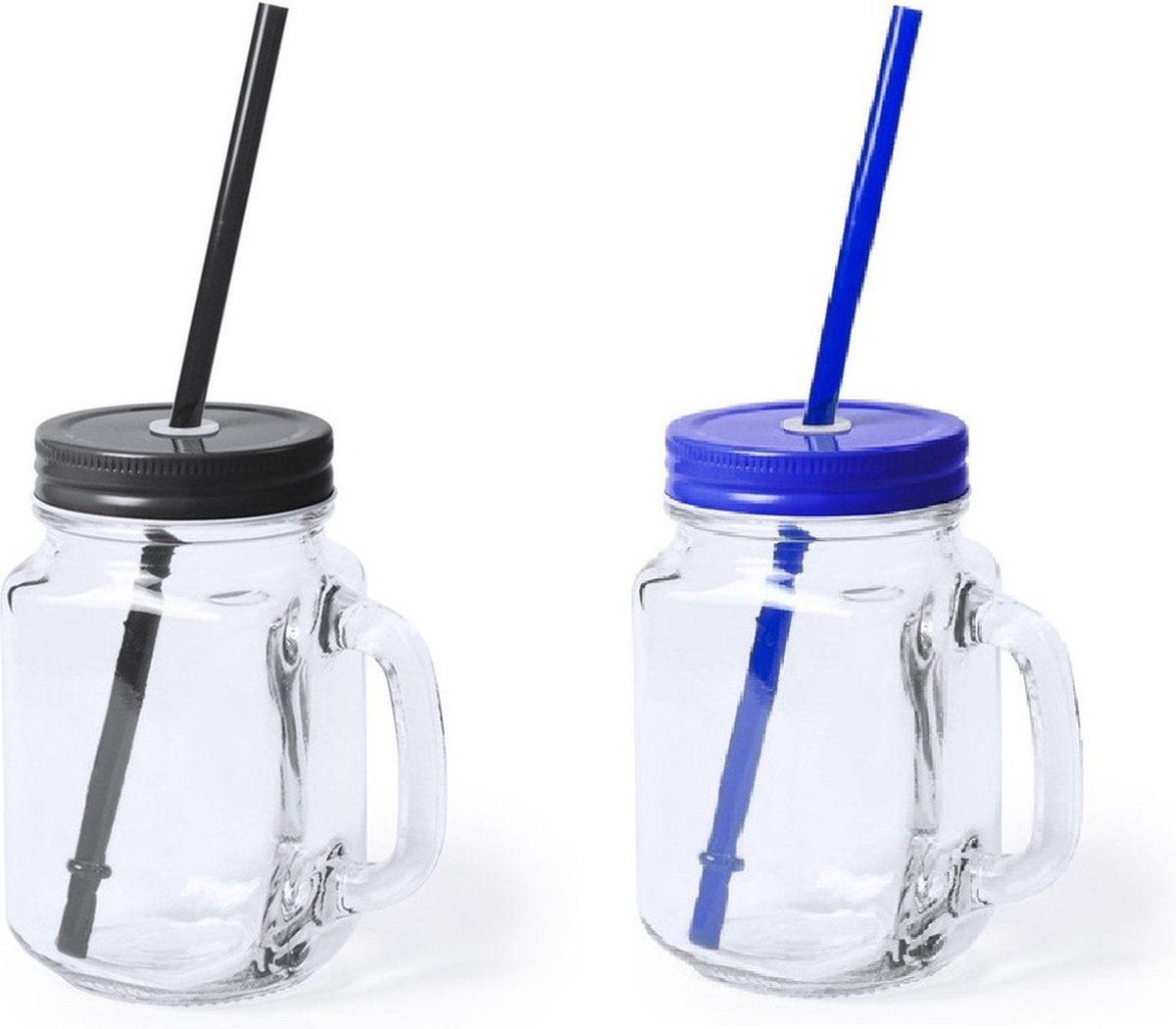 Goedkoopste 4x stuks Glazen Mason Jar drinkbekers met dop en rietje 500 ml - 2x zwart/2x blauw - afsluitbaar/niet lekken/fruit shakes