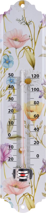 Pro Garden Binnen/buiten thermometer met lentebloemen print - wit - metaal - 29 x 6.5 cm