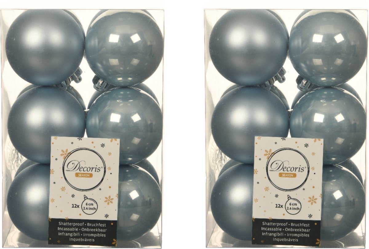 24x stuks kunststof kerstballen lichtblauw 6 cm - Mat/glans - Onbreekbare plastic kerstballen
