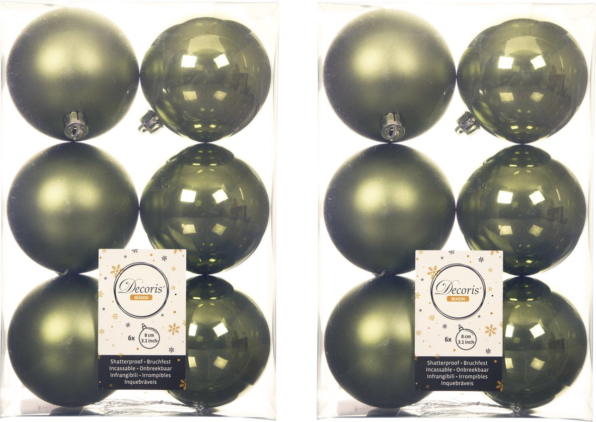 12x stuks kunststof kerstballen mos groen 8 cm - Mat/glans - Onbreekbare plastic kerstballen