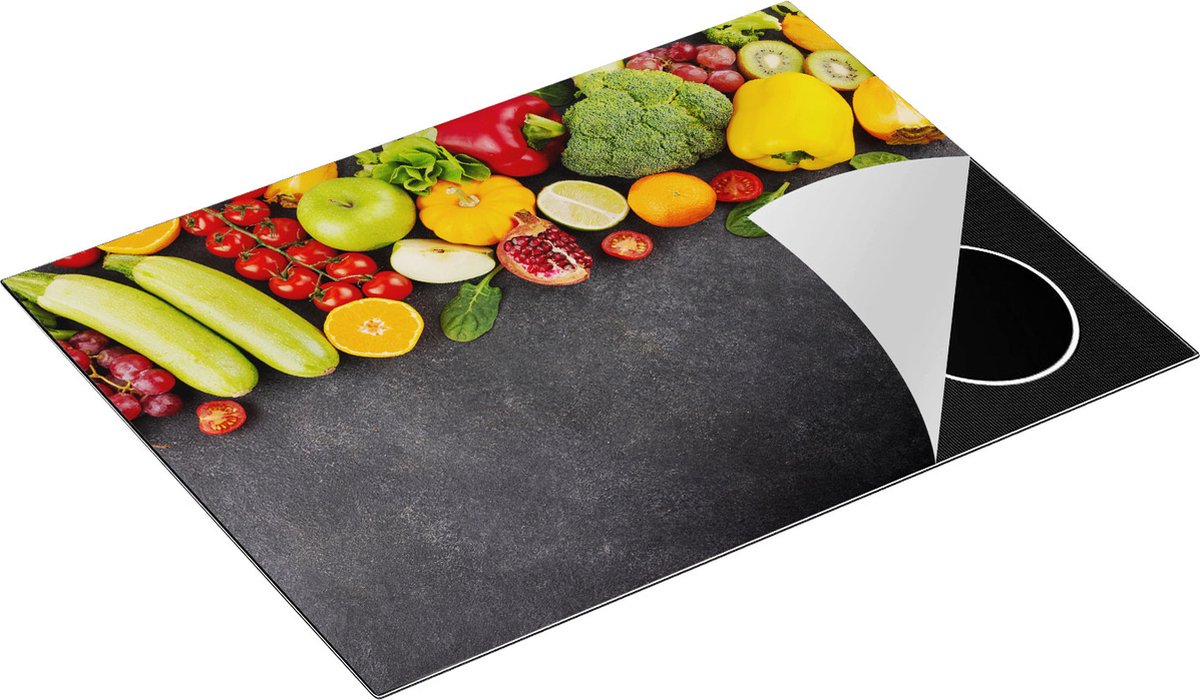 Chefcare Inductie Beschermer Groente en Fruit op Zwarte Marmer - 71x52 cm - Afdekplaat Inductie - Kookplaat Beschermer - Inductie Mat