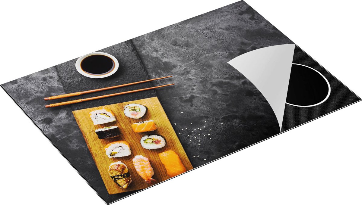 Chefcare Inductie Beschermer Sushi met Soja Saus op een Marmer - 76x51,5 cm - Afdekplaat Inductie - Kookplaat Beschermer - Inductie Mat