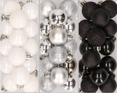 42x Stuks kunststof kerstballen mix zwart/zilver/wit 3 cm - Kleine kerstballetjes - Kerstboomversiering