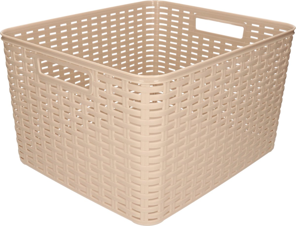 Rotan gevlochten opbergmand/opbergbox kunststof - taupe - 34 x 40 x 23 cm - Kast mandjes