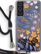 Case Company® - Hoesje met koord geschikt voor Samsung Galaxy S21 FE hoesje met Koord - Flowers with blue leaves - Telefoonhoesje met Zwart Koord - Bescherming aan alle Kanten en Over de Schermrand