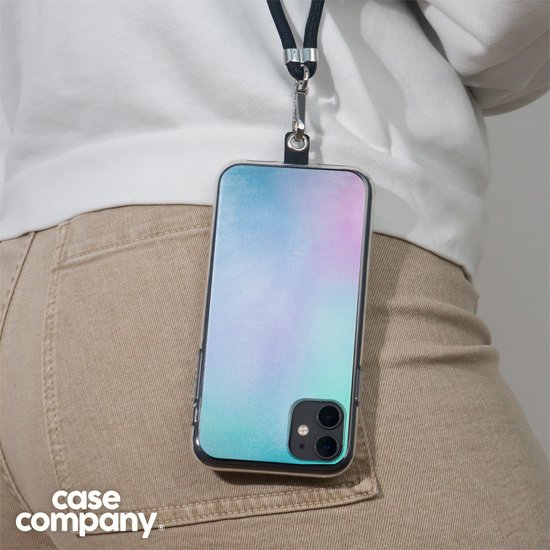 Téléphone porté en bandoulière, avec un étui aux couleurs pastel.