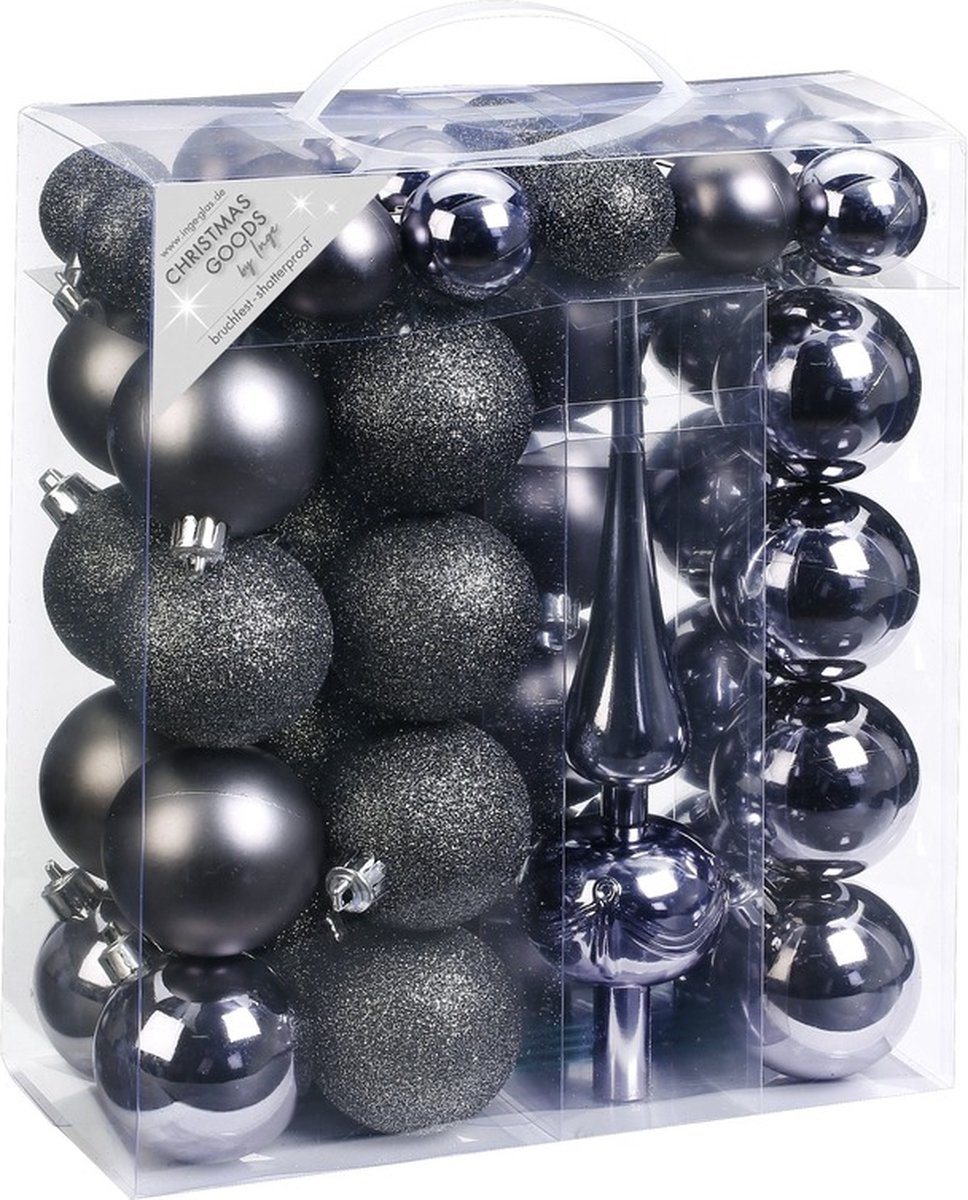 47x Antraciet/grijze mix kunststof kerstballen 4-6 cm met piek - mat/glans - Kerstboomversiering antraciet