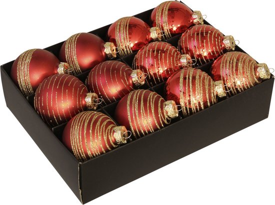 12x Glazen gedecoreerde rode kerstballen met gouden streep 7,5 cm – Luxe glazen kerstballen – kerstversiering wit