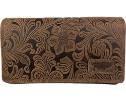 Portemonnee Dames - Portefeuille Dames - Leer - Bloemenprint - Cognac