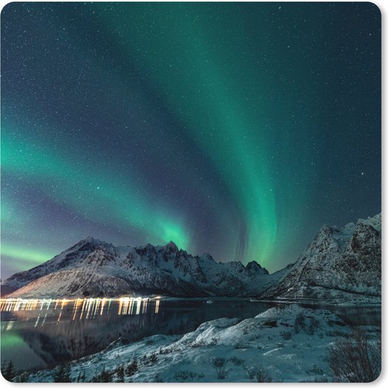 Tapis de souris XXL - Sous-main - Tapis de bureau - Aurores boréales - Berg - Neige - Vert - Ciel étoilé - Hiver - 50x50 cm - Tapis de souris XXL