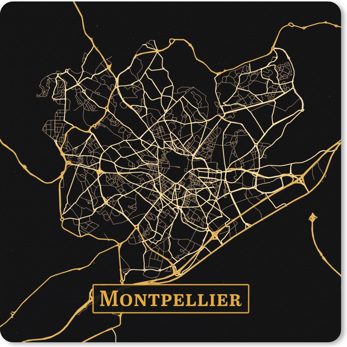 Muismat XXL - Bureau onderlegger - Bureau mat - Kaart - Montpellier - Goud - Zwart - 50x50 cm - XXL muismat