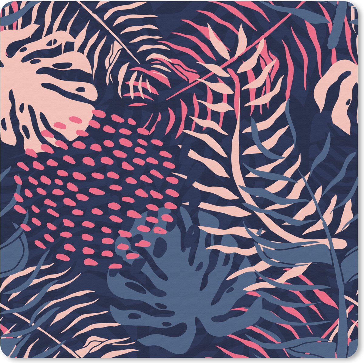 Muismat XXL 80x80 cm - Bureau onderlegger - Bureau mat Bladeren - Tropisch - Patroon - Meisjes - Kinderen - Roze - Meid - Bureaumat - Gaming mousepad xl - Bureaulegger groot - Computer deskmat