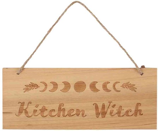 Something Different Decoratief bord Kitchen Witch Engraved Wooden Pine Sign Bruin