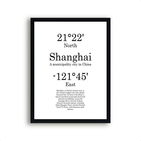 Steden Poster Shanghai met Graden Positie en Tekst - Muurdecoratie - Minimalistisch - 30x21cm / A4 - PosterCity