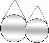 Set van 2x spiegels/wandspiegels rond metaal zwart met touw - Woondecoratie/accessoires