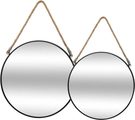 Set de 2 miroirs/miroirs muraux ronds métal noir avec corde - Déco/Accessoires