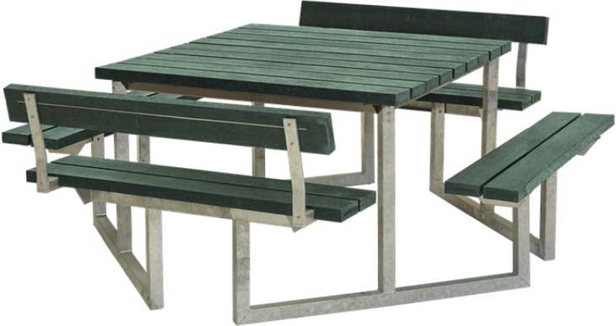 Picknicktafel gerecycled kunststof groen - Twist vierkant 2 rugleuningen 227 x 204 x 76 cm