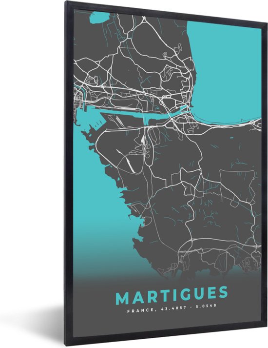 Fotolijst incl. Poster - Martigues - Frankrijk - Plattegrond - Kaart - Stadskaart - 40x60 cm - Posterlijst