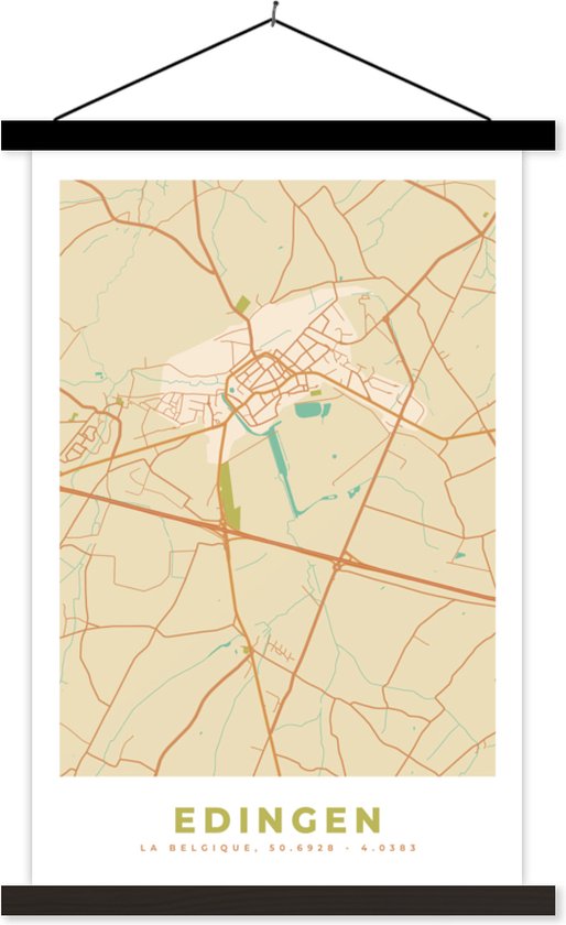 Porte-affiche avec Poster - Affiche scolaire - Carte - Vintage - Plan - Plan de ville - Enghien - 60x90 cm - Lattes noires - Carte