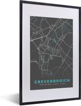 Fotolijst incl. Poster - Stadskaart – Kaart – Grevenbroich – Blauw – Duitsland – Plattegrond - 40x60 cm - Posterlijst