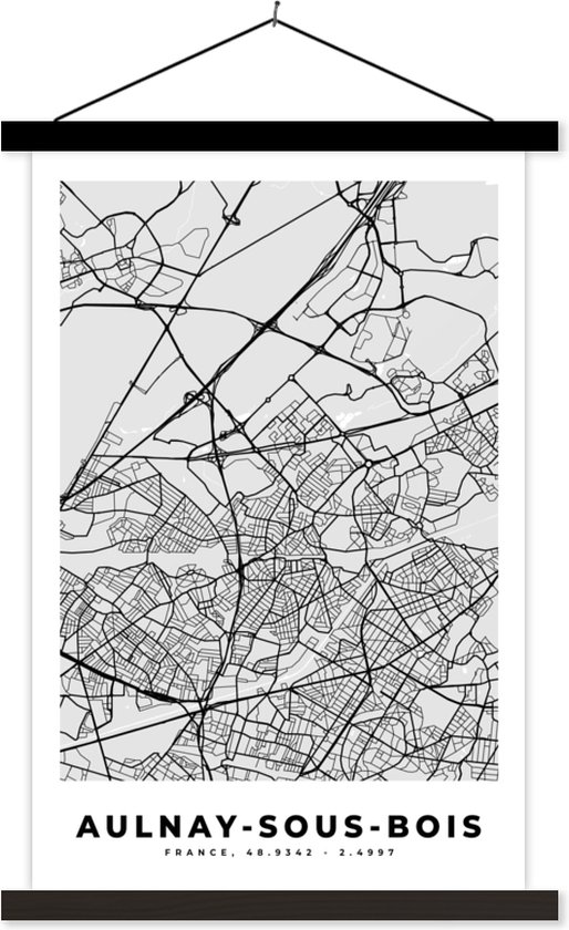Posterhanger incl. Poster 60x90 cm - Schoolplaat - Kaart - Stadskaart - Aulnay-sous-Bois - Plattegrond - Frankrijk - Textielposter - Zwarte latten - Plattegrond