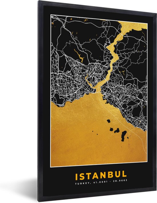 Fotolijst incl. Poster - Istanbul - Plattegrond - Goud - Stadskaart - Kaart - 40x60 cm - Posterlijst