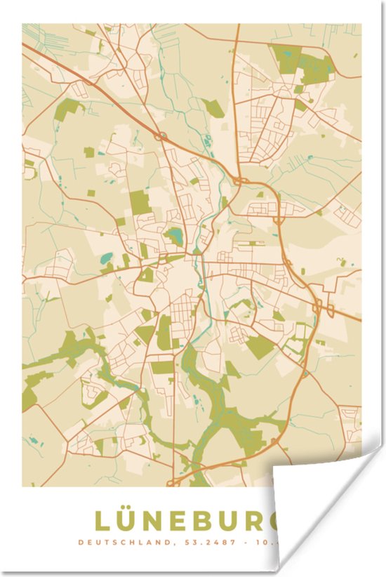 Poster Kaart - Plattegrond - Lüneburg - Vintage - Stadskaart - 120x180 ...