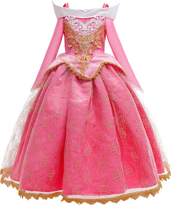 Roze prinsessenjurk met lange mouwen, gouden kantpatroon, witte kanten versiering op het lijfje en een witte kraag.