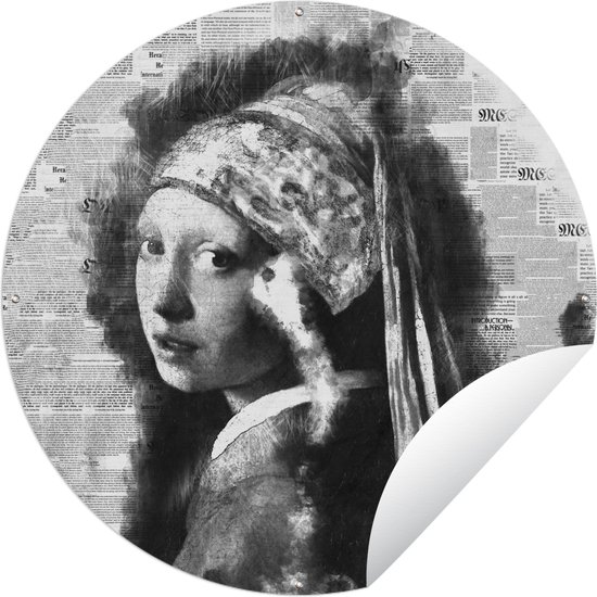 Tuincirkel Het meisje met de parel - Johannes Vermeer - Zwart - Wit - Ronde Tuinposter - Buiten