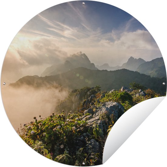 Tuincirkel Berg in de mist - 60x60 cm - Ronde Tuinposter - Buiten