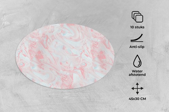 Napperons ovales - Sous-verres - Sets de table ovales - Imprimé marbré - Rose - Wit - Motifs - 10 pièces